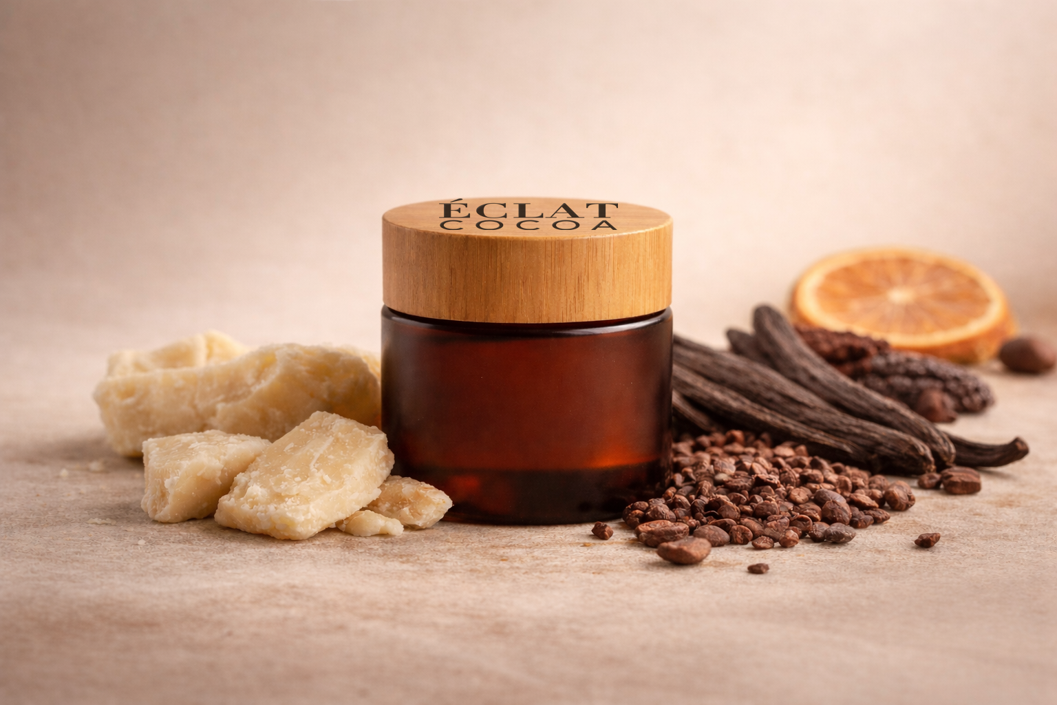 Éclat Cocoa amber glass jar with bamboo lid, cacao and vanilla notes