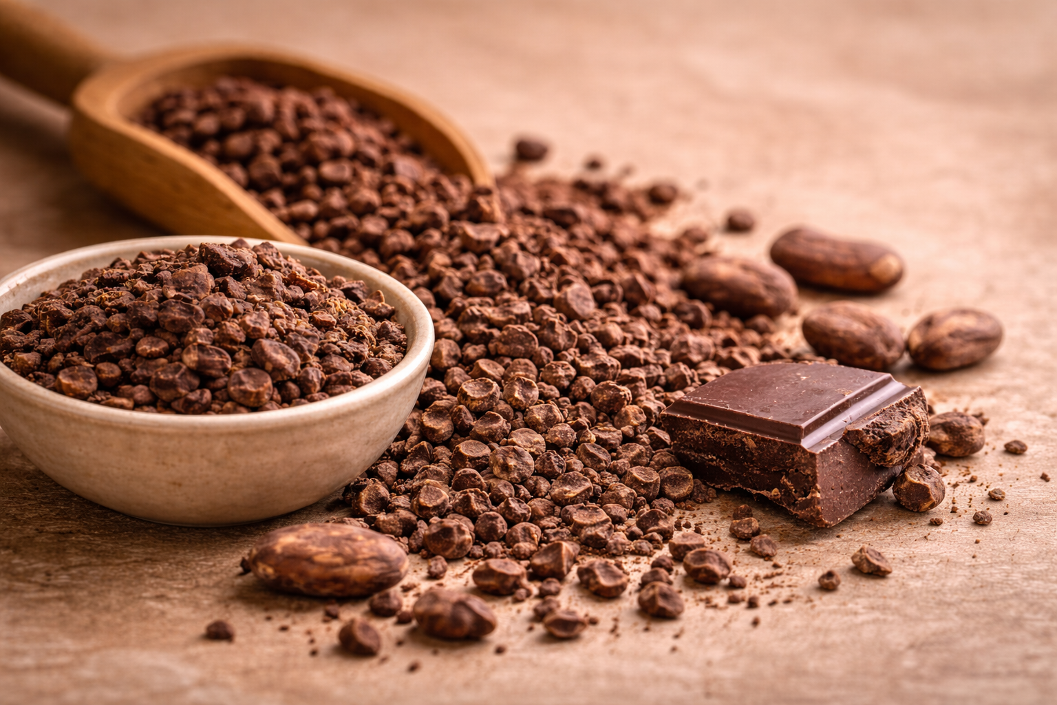 Cacao notes: cacao nibs, warm brown tones