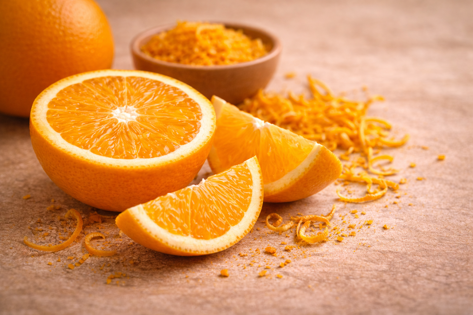 Sweet orange slices and peel in soft light